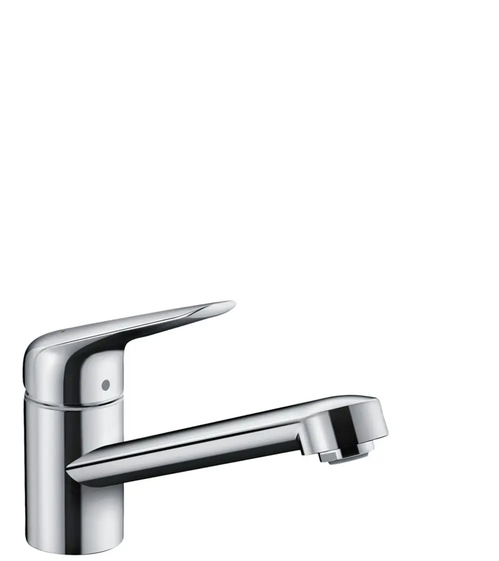 Einhebel-Küchenmischer von Hansgrohe in Chrom mit einem schlanken Design und einem einzelnen Wasserstrahl. Ideal für moderne Küchenanwendungen.